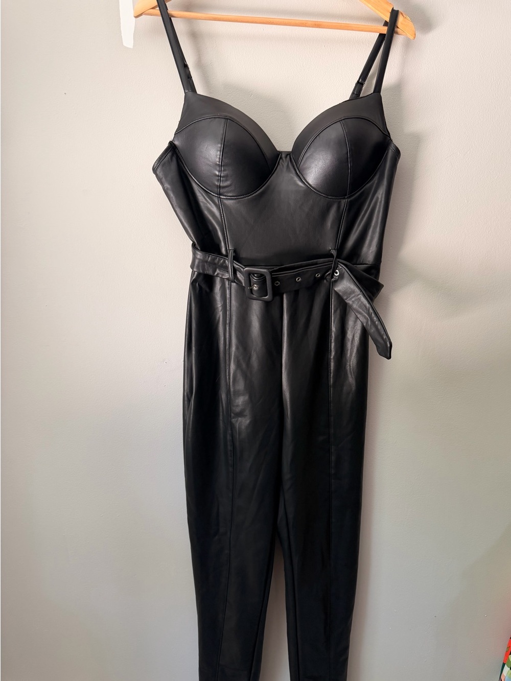 Black Faux Leather Belted Jumpsuit